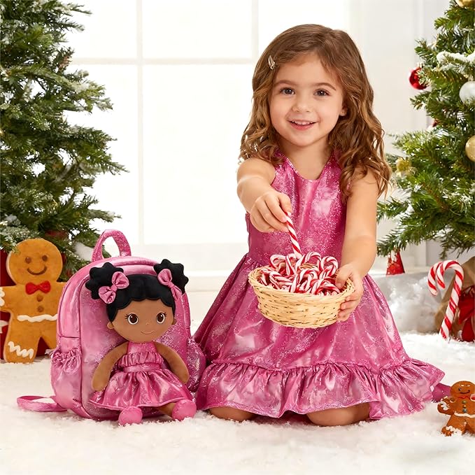 Lazada Toddler Backpack - Baby Girl Gifts Curly Fingerprints Plush Doll Dress Backpack - Fashion Girls Curly Rolled Fingerprints Series - Rose Red 11 Inches