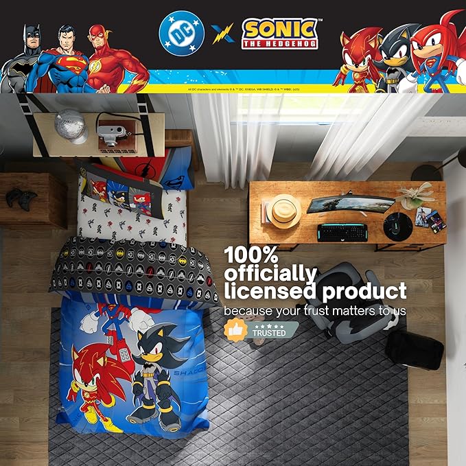 DC x Sonic The Hedgehog Kids Bedding Set, Twin Size, 4-Piece Super Soft Cozy Reversible Comforter & Sheet Set (Officially Licensed Product) by Franco | Durable, Reversible, Officially Licensed
