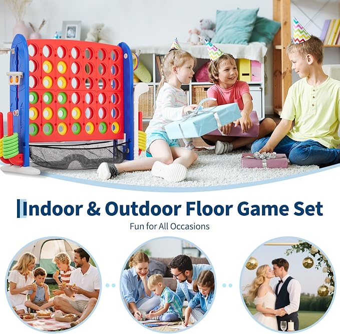 Giant 4 in a Row Game with Carrying Bag, 4-in-1 Giant Connect-4 Game Set with Golf,Basketball,Ring Toss and Mesh Fabric, 3-Level Height Adjustable for Kids & Adults,Large Connect-4 for Family Fun