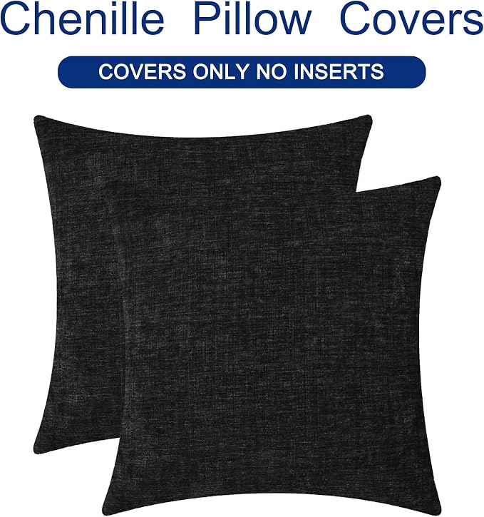CaliTime Decorative Couch Throw Pillow Covers 20 X 20 Inches Black | Pack of 2, Cozy Chenille Cushion Cases for Sofa Bed Living Room Farmhouse Home