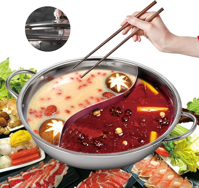 Shabu Shabu Hot Pot 12" Stainless Steel Hot Pot Pot with Glass Lid, Dual Side Split Pot Korean Ramen Pot for Induction Cookers, Gas Stoves, Electric Stoves, Ceramic Stoves