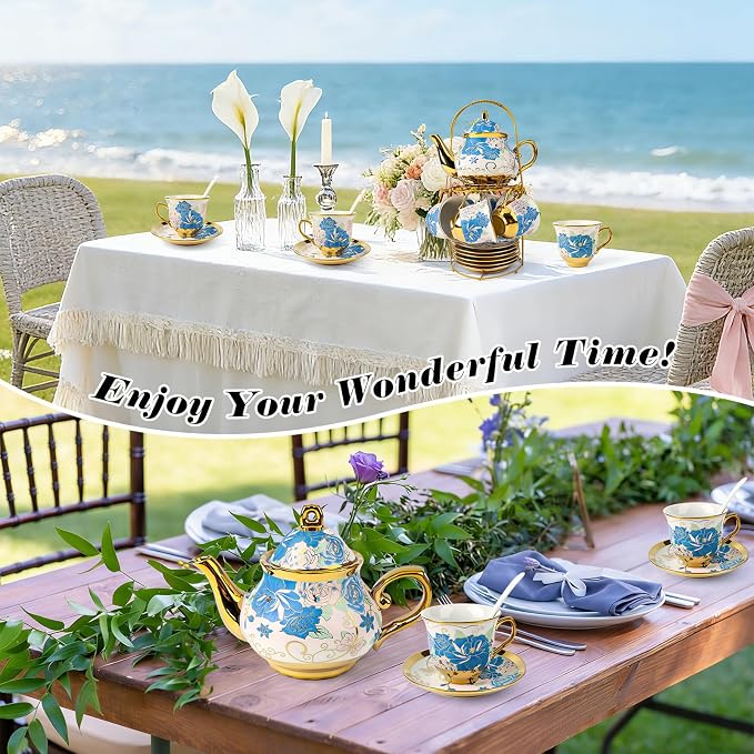 20Pcs Porcelain Tea Set with Metal Holder, European Ceramic Tea Set for 6 People, Vintage Flower Teapot Cup and Saucer Spoon Set, Complete Gift Set for Wedding, Bridal Shower, Afternoon Party (Pink)