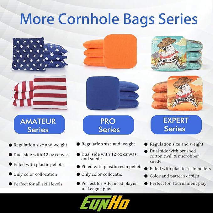 EunHo Regulation Cornhole Bags Set of 8 - Dual Sided Slick and Stick Cornhole Bean Bags for Tossing Game Professional All Weather Pro Corn Hole Bags with Tote Bag