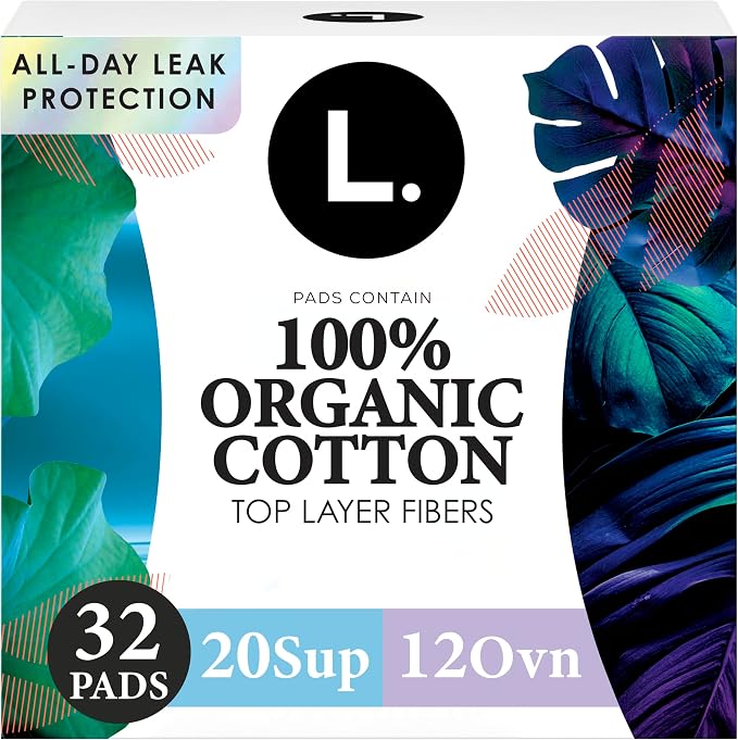 L. Ultra Thin Pads for Women, Organic Cotton Top Layer, Super + Extra Long Overnight Duo Pack Absorbency, Menstrual Pads with Wings, 32 Count