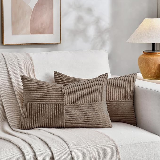 Fancy Homi Set of 2, Light Brown Patchwork Corduroy Decorative Soft Striped Modern Accent Cushion Case Farmhouse Boho Neutral Throw Pillow Covers for Chair Couch Bed Sofa Living Room 22x14 Inch