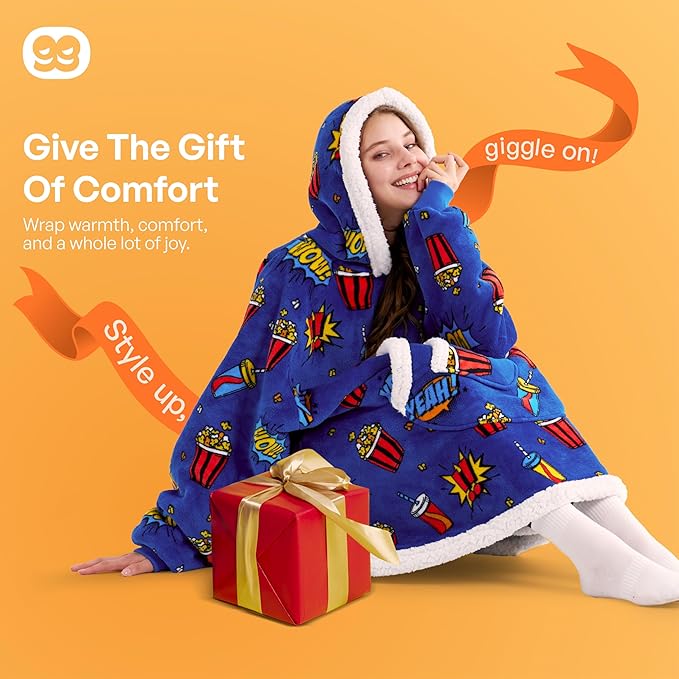 Giggling Getup Wearable Blanket Hoodie for Adults Gifts for Teen Girls Sister Women Sherpa Fleece Printed Hooded Blanket Sweatshirt Warm Cozy with Pocket & Sleeves Blue Popcorn