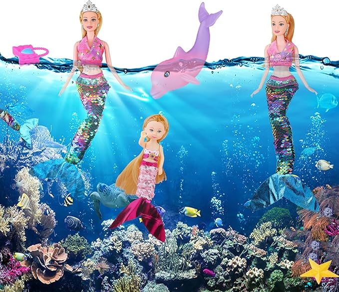 Baljinder Magical Mermaid Dolls with Little Mermaid | Summer Princess Doll & Color Change Dolphin Playset for Water Swimming | Mermaid Pool Toys for Girls 4-7 | Birthday Party Christmas