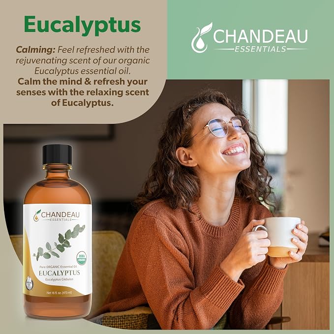 100% Pure Organic Essential Oil, Pure Eucalyptus Essential Oil for Aromatherapy, Soap Making, Candles, Laundry, Perfume, Cleaners or Diffusers - Large Amber Glass Bottle, 16 oz.
