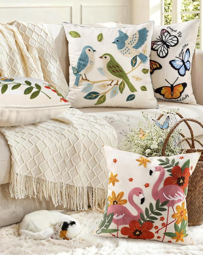 Animal Embroidered Throw Pillow Cover 20x20 Inch, Floral Birds | Decorative Pillow Cover, Cottagecore Cushion Cases with Hidden Zipper, Farmhouse Decor for Couch, Sofa, Living Room