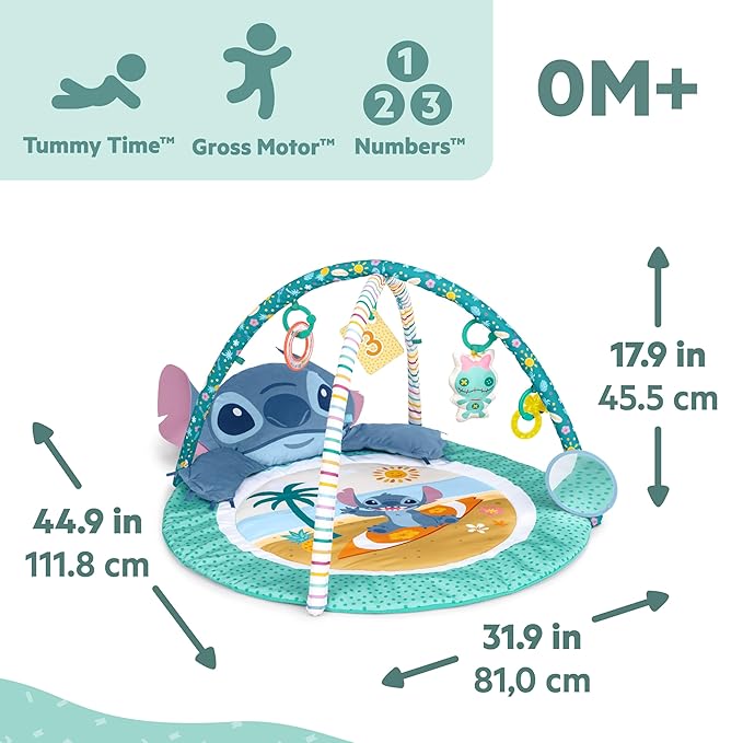 Bright Starts Disney Baby Stitch Party in Paradise Play Gym & Mat, Includes 5 Take Along Toys with Removable Stich Plush, Ages 0M+