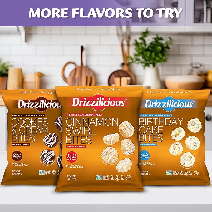 Drizzilicious Mini Flavored Rice Cakes Salted Caramel - Rice Crisps, Healthy Snack for Adults and Kids, Vegan, Gluten Free Snack, Allergen Free, Only 90 Calories Per Bag - 0.74 oz (Pack of 10)