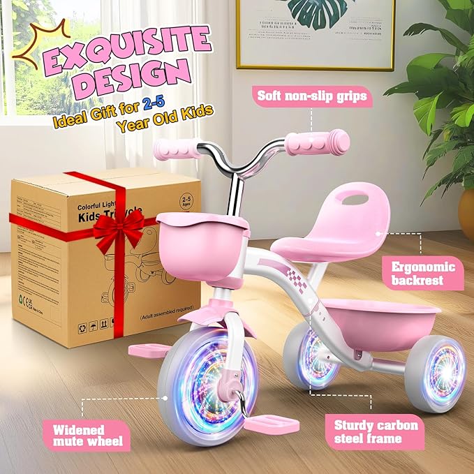 Toddler Tricycle for 1-3 3-5 Year Olds, 2 3 4 5 Year Old Girl Birthday Gifts, Pink Toddler Baby Bike, Outdoor Riding Toys for Ages 2-4, 4-Level Adjustable Seat, 3 Color Light Wheels, 2 Baskets