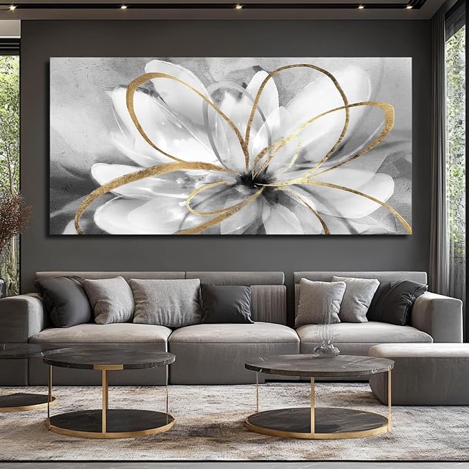 SOUGUAN Large Canvas Wall Art White Flower Painting 30x60 Inch Black Art for Living Room Bedroom Office Home Wall Accents