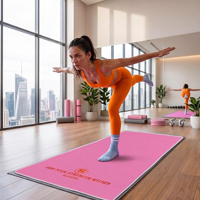 Upgraded Yoga Mat Towel with Bonus Grip Socks, Rose Pink | Elegant Embroidered, 1-Second Sweat Absorption & Non-Slip | Machine Washable Microfiber | Hot Yoga, Pilates | 73''*27.6''