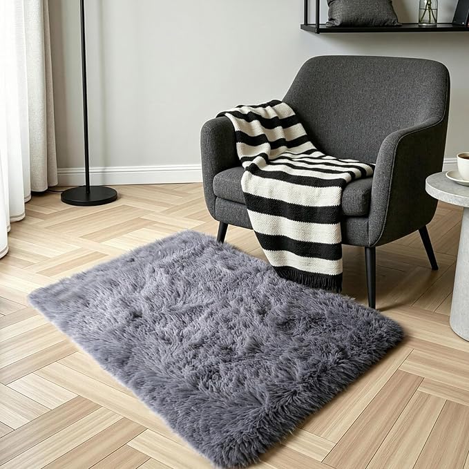 KICHOWUA Grey Fluffy Shag Rug 2x3, 2 Pcs Soft Plush Fuzzy Washable Non Slip | Cozy furry shaggy carpet for bedroom, living room, kids room, nursery, dorm, boys and girls