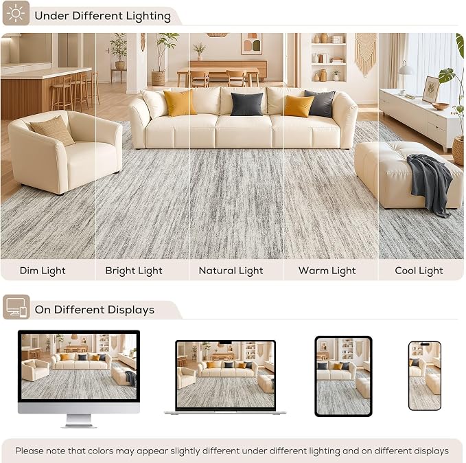 Nakagishi 10X12 Area Rugs Living Room: Washable Large Vintage Rug Neutral Non-Slip Soft Stain Resistant Indoor Carpet for Bedroom Nursery Dining Room Office Playroom - Grey