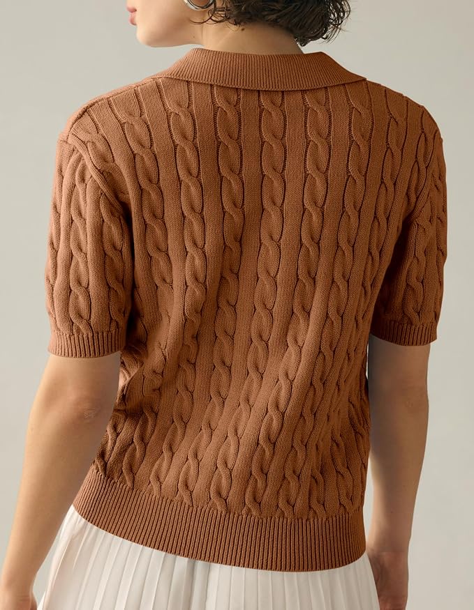 Imily Bela Womens Cable Short Sleeve Sweaters Tops Lapel V Neck Knit Shirt | Solid,Knit Casual,Soft Pullover,Fall Sweaters,Womens Summer Work Tops