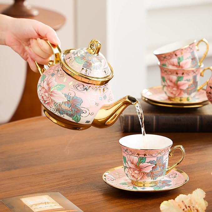 20 Pieces Porcelain Tea Set With Metal Holder, European Ceramic tea set for adults,Flower Tea Set,Tea Set For Women With Flower Painting (Large version, Pink)