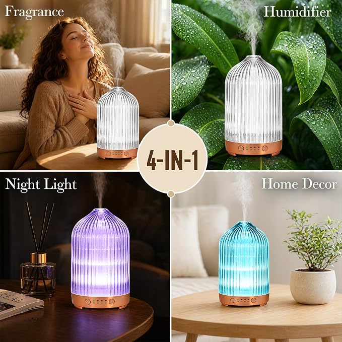 Essential Oil Diffuser for Home- 200ml Aromatherapy Diffuser for Essential Oils with 4 Timer, 7 Color LED Lights Waterless Auto Shut-Off for Home Office Décor Gifts for Women