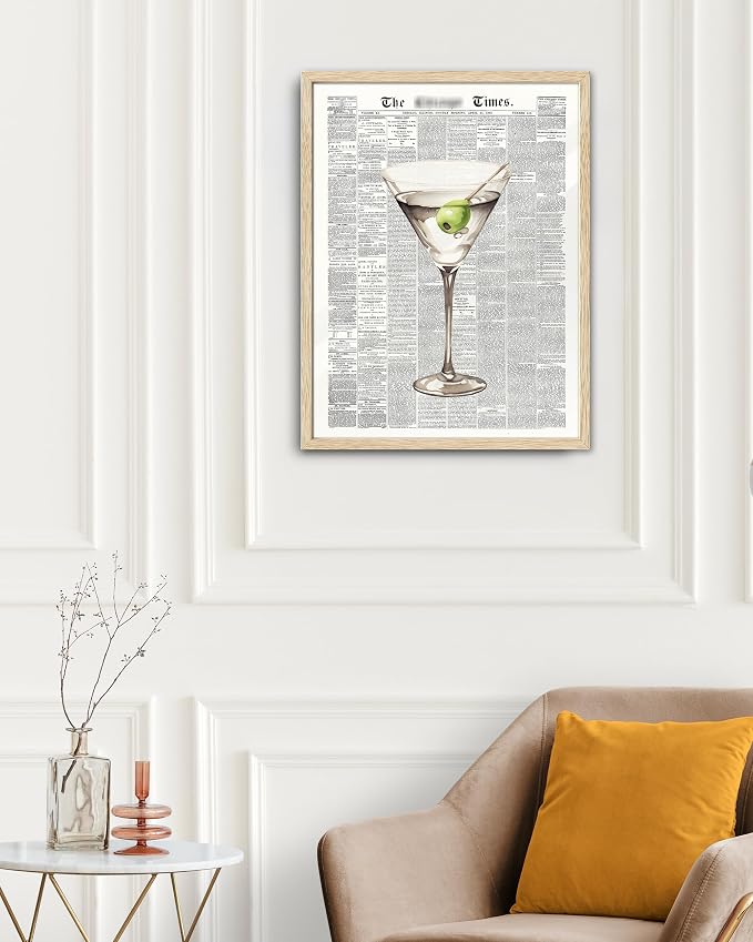 EcoHest 16x20 in Martini Newspaper Framed Wall Art for Bar Cart | Solid Oak Wood Frame, Canvas Wall Art, Martini Cocktail Bar Cart Decor for Living Room, Apartment, Dorm Room, Bedroom, 1Pack