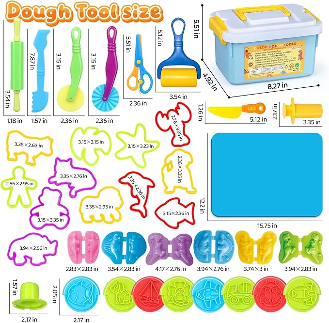 VConejo Dough Tools Play Sets for Kids, 37pcs Clay and Dough Accessories with Storage Container, Mat, Cutters, Rolling Pins, Safety Scissors, Stamps, Animal and 3D Dino Makers for Boys Girls