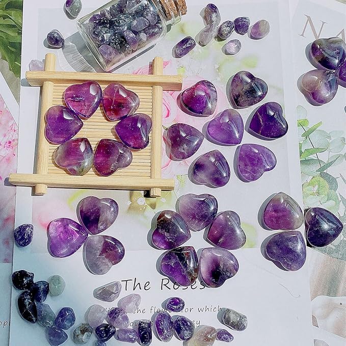 QINJIEJIE 20 PCS Amethyst Heart Crystal Purple Healing Crystals Natural Cute Stones Pocket Healing Palm Love Bulk Set Wholesale Reiki Energy Balancing Meditation Valentine's Day Gift