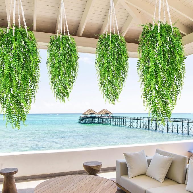 Waipfaru 4Pcs Fake Ferns Fake Hanging Plants Artificial Ferns Vine Greenery | UV Resistant Faux Outdoor Plants Ivy Vines for Modern Boho Patio Outdoor Indoor Party Wall Porch Gazebo Aesthetic Decor