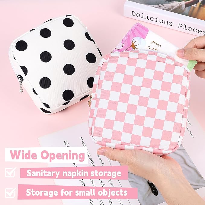 Sanitary Pad Storage Bag Portable Period Bag for Teen Pads/Sanitary Napkins/Small Tampons, Sanitary Napkin Storage Bag First Period Gifts for Teen Girls (Pink-White Checker)