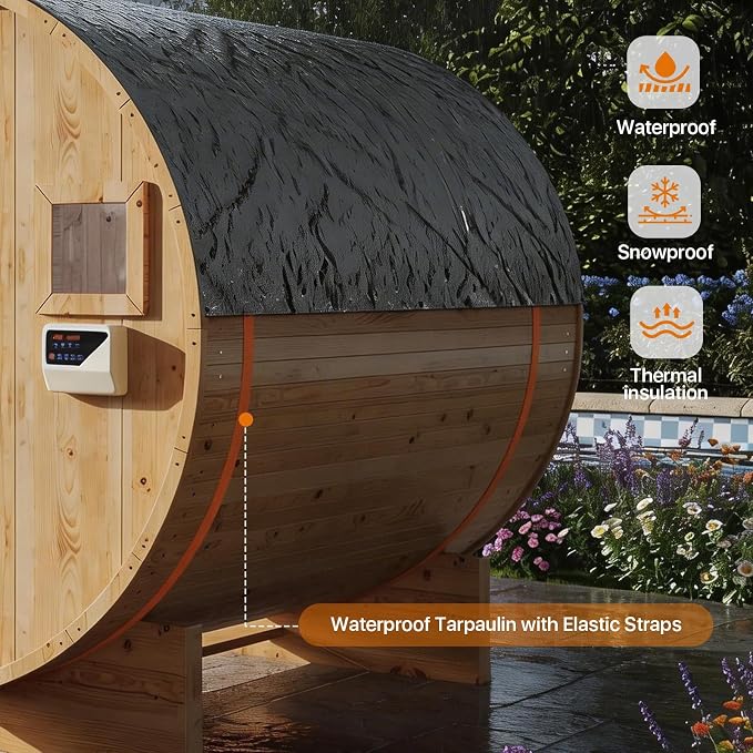 Outdoor Barrel Sauna, Traditional Wood Sauna for Backyard, Dry&Wet Sauna for Outdoor, 220V/6KW Electric Heater with Sauna Stone, Sauna Accessories, Waterproof Tarpaulin