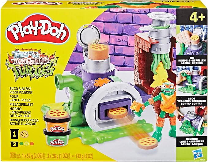 Play-Doh Teenage Mutant Ninja Turtles Slice & Blast Pizza Playset, Bendy 4 Inch Mikey Action Figure, Kids Arts & Crafts, TMNT Toys for Boys & Girls 4+