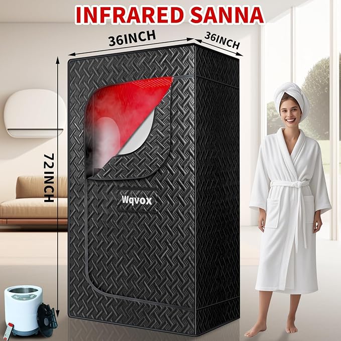 Portable Infrared Sauna for Home, Indoor Sauna Infrared with Red Light Therapy, Includes 660 & 850nm Red Light Therapy Lamp, 3L Steamer, Upgraded Chair and Mat, 72'x 36'x 36', Black