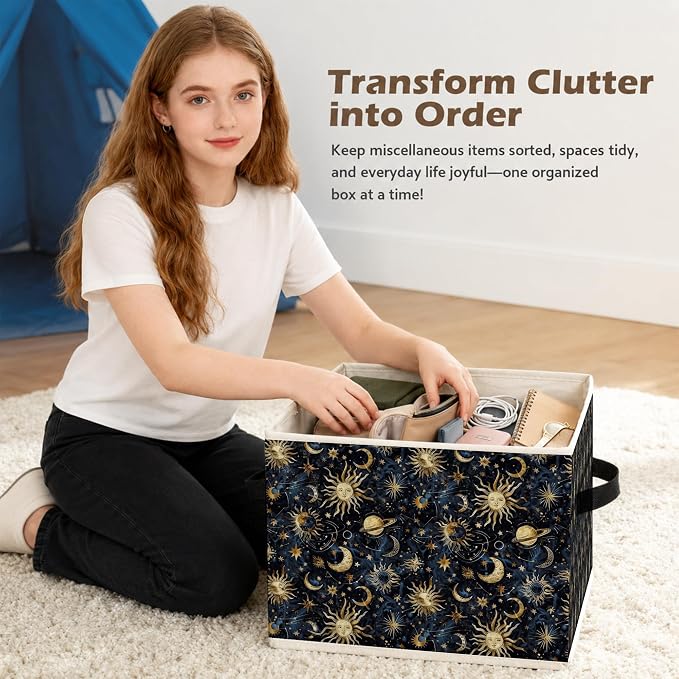 Boho Witchy Sun and Moon Storage Box Bins, Mystical Celestial Space Galaxy Collapsible Storage Basket Organizer for Bedroom Laundry Room Kids Room Clothes Books, Decor for Room