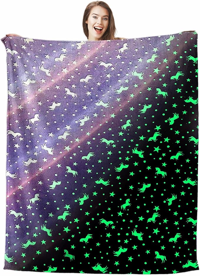 Wajade Unicorn Gifts Toys for Girls - Glow in The Dark Unicorn Blanket Birthday Christmas Decor for Kids Age 3 4 5 6 7 8 9 10 11 12 Years Old Teens Child Toddler Throw Purple 50"x60"