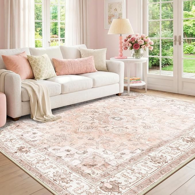 CAPALOCA 4x6 Washable Nursery Girls Low Pile Area Rug Pink | Non-Slip Soft Rugs for Bedroom Kids Playroom Living Room, Print Pattern Water Repellent Carpet Indoor Decor