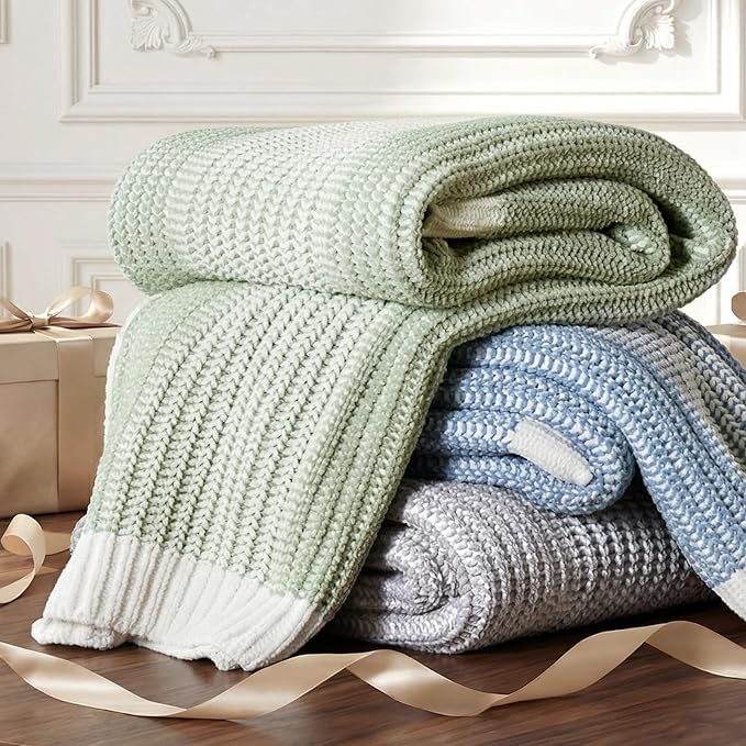Amélie Home Premium Chenille Throw Blanket, Soft Cozy Luxury Two-Tone Knit Blanket for Couch, Sofa, Chair, Home Decor, Sage Green & Ivory 50"x60"