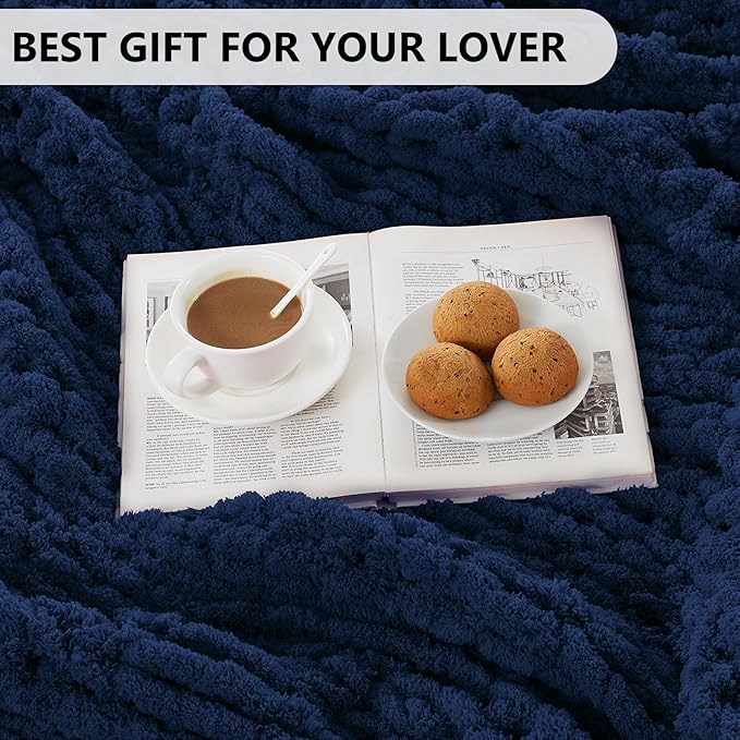 L'AGRATY Chunky Knit Throw Blanket for Couch, 72 x 84 Inches, Dark Blue | Handmade Chenille Crochet Blanket for Sofa Bed, Thick Cable Knitted Blankets for Room Home Decor, Birthday Gift for Women Mom