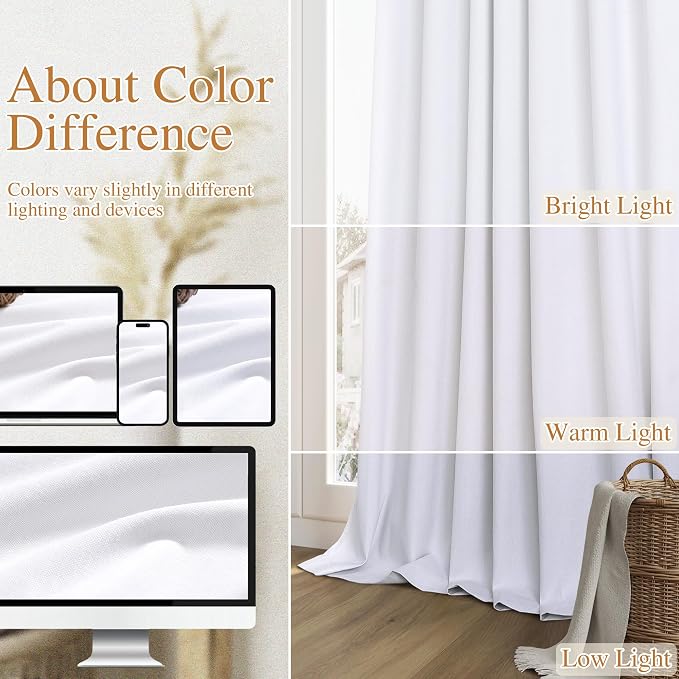 Guken White 100% Blackout Linen Curtains 52 Inch Wide by 134 Inch for Living Room Bedroom Back Tab/Rod Pocket Thermal Insulated Black Out Linen 2 Drapes Room Darkening Window Curtains,52x134