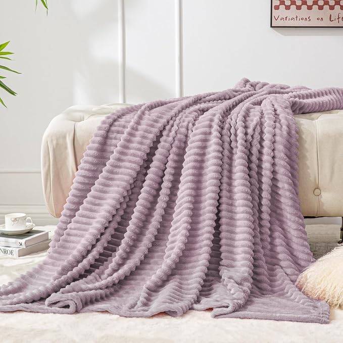 BEDELITE 3D Ribbed Dusky Violet Fleece Twin Blanket for Bed, 60x80 Inch | Soft Warm Decorative Fluffy Blanket, Cozy Plush Lightweight Fuzzy Throw Blanket for Couch Sofa Room Decor, Gift for Women
