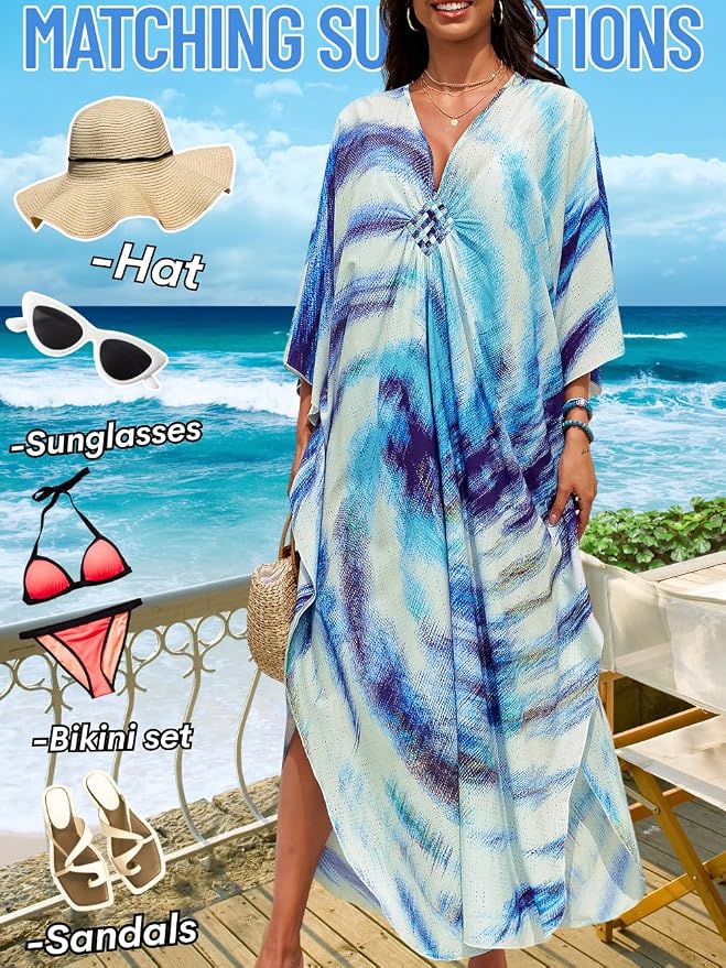 ChiaoLezhee Print Moo-Moos for Women, Kaftan Cover-Up Dresses, Sexy V-Neck High-Slit, Beach Pool-Party Coverups Muumuu Plus