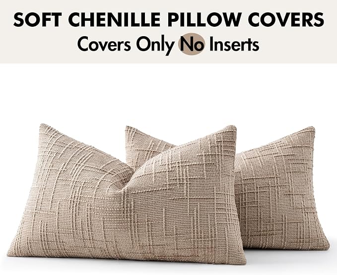MIULEE Chenille Textured Lumbar Throw Pillow Covers Oatmeal 12x20 Set of 2 | Slubby Decorative Pillows, Boho Farmhouse Home Decor, Modern Neutral Cushion Covers for Couch Sofa Bed Living Room