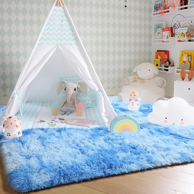 Amdrebio Tie-Dyed Light Blue Shaggy Kids Area Rug 4x6 for Girls Bedroom | Fluffy Shag Fuzzy Soft Carpet, Classroom Playroom Baby Nursery Toddler Room Decor, Coastal Aesthetic Ocean Beach Sky, Kawaii