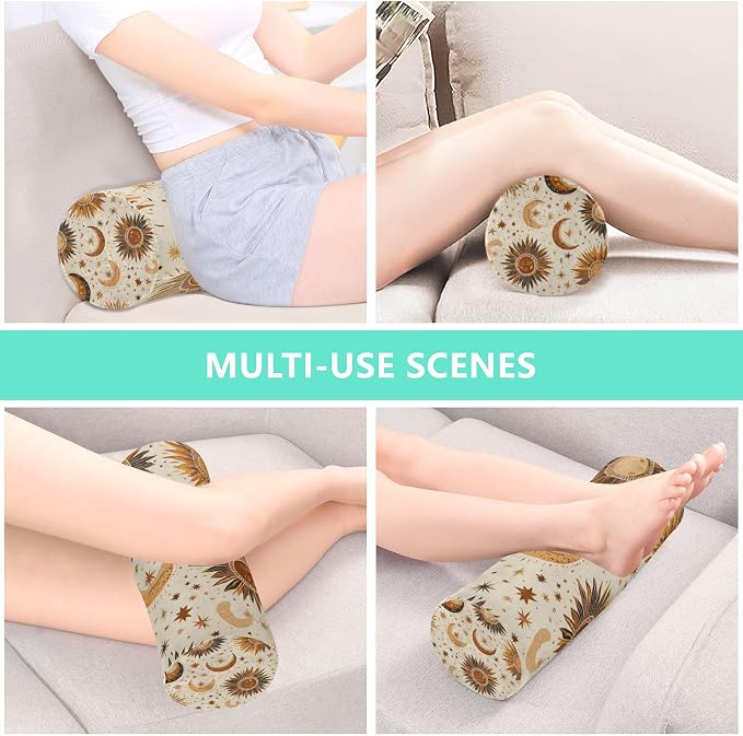 Brown Boho Sun Moon Neck Roll Pillow Bolster Round Health Memory Foam Long Cervical Cylinder Pillows with Removable Washable Cover for Body Bed Legs Back Yoga