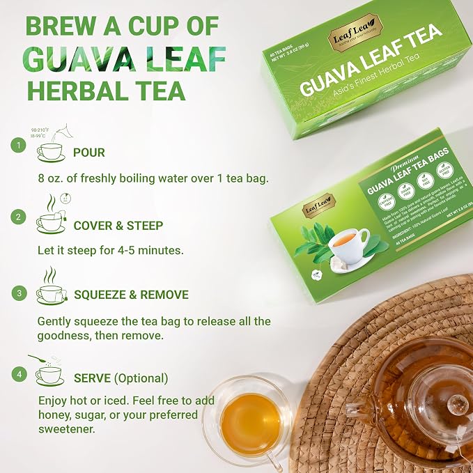 LeafLea Guava Leaf Tea Bags, Hojas De Guayaba, Caffeine-Free, 40 Count | Single-Ingredient Guava Leaf Tea, Smooth And Lightly Sweet — Individually Foil-Wrapped, Sugar-Free, A 40-Bag Box To Try