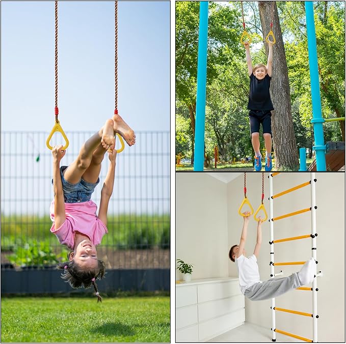 GOLDGE 3pcs Kids Outdoor Swing Set with Adjustable Ropes, Disc & Ring Hangers, Trapeze Bar, U-Board Seat and Monkey Bars with EVA Soft Disc for Backyard Play