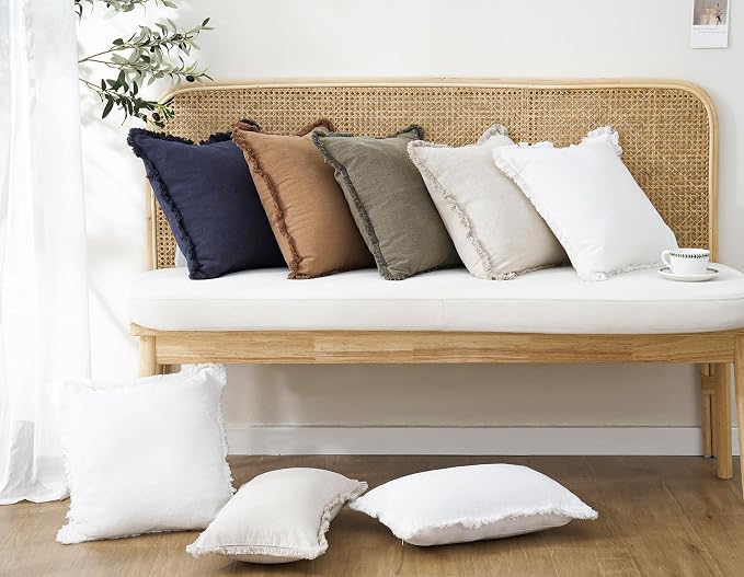 Foindtower Set of 2 Decorative Linen Fringe Throw Pillow Covers Cozy Boho Farmhouse Cushion Cover with Tassels Soft Accent Pillowcase for Couch Sofa Bed Living Room Home Decor, 22×22 Inch, Khaki Brown