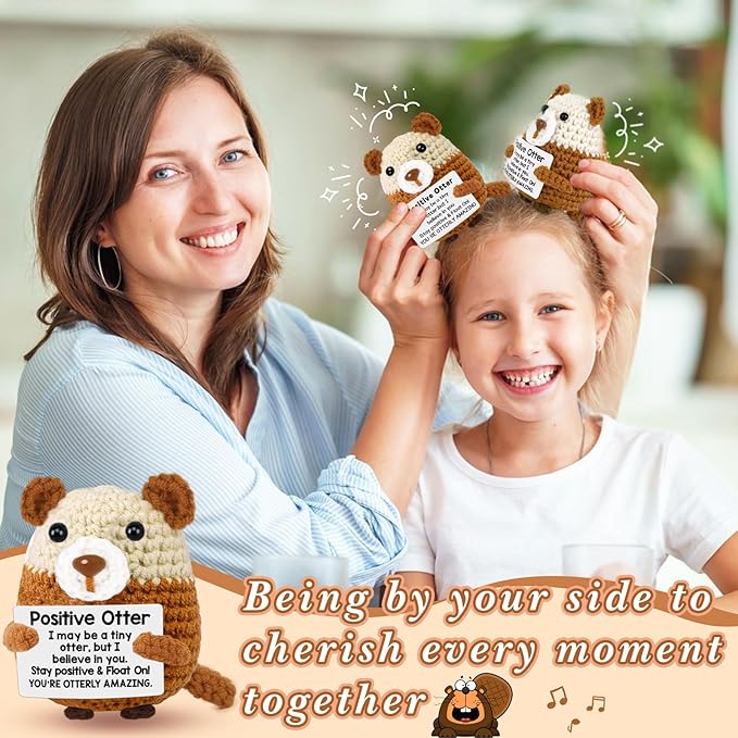 PARTY TONIGHT Positive Crochet Animals Otter Gifts, Mini Handmade Emotional Emotional Support Crochet Otter with Motivational Note Home Decor for Women Men Friend Birthday Christmas Graduation