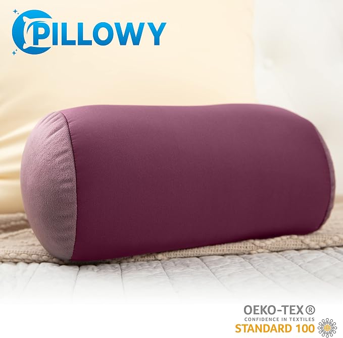 Microbead Bolster Neck Roll Pillow, Gently Body, Head, Neck & Shoulders No Pain Rest, Relax Sleep - Silky Feel Prevent Wrinkles & Hair Breakage - Lightweight Cylinder Tube, 14" x 8", Burgundy/Merlot