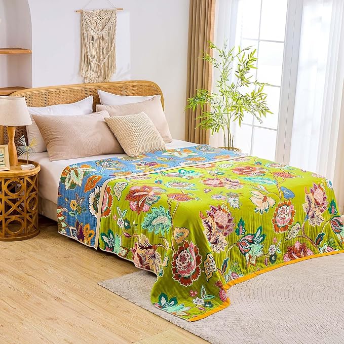 XIBLC Fall Throw Blanket, 100% Cotton Soft Rustic Boho Throw Blanket for Bed, 80"x90" Farmhouse Decor Bed Flower Blankets, Light Weight Reversible Bohemian Throw Quilt