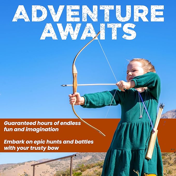 Adventure Awaits! Handmade Wooden Bow and Arrow Set | 10 Wood Arrows and Quiver | for Outdoor Play