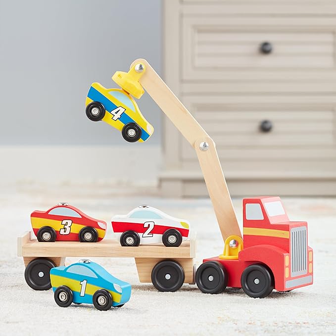 Melissa & Doug Magnetic Car Loader Wooden Toy Set with 4 Cars and Toy Truck - Pretend Play and Race Car Fun for Preschool Toys, Ages 3+